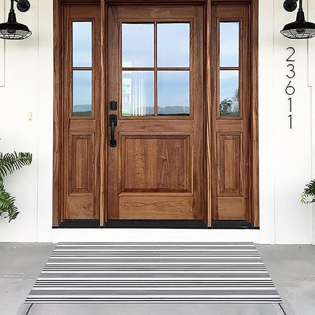 Fallovea Black and White Striped Rugs, 3'x5' Outdoor Indoor Front Porch Door Mats Cotton Hand-Woven Layered Area Rug Doormat for Entryway Patio Entryway Laundry Bedroom Living Room