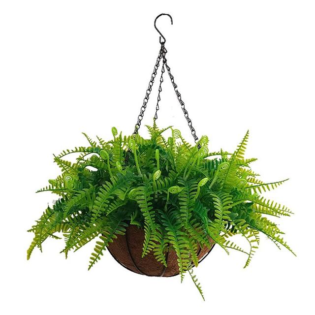 Mynse Flo Hanging Basket Artificial Ferns Green Plant Hanging Flowerpot for Outdoor Balcony Decoration (Big Basket and Artificial Flowers)
