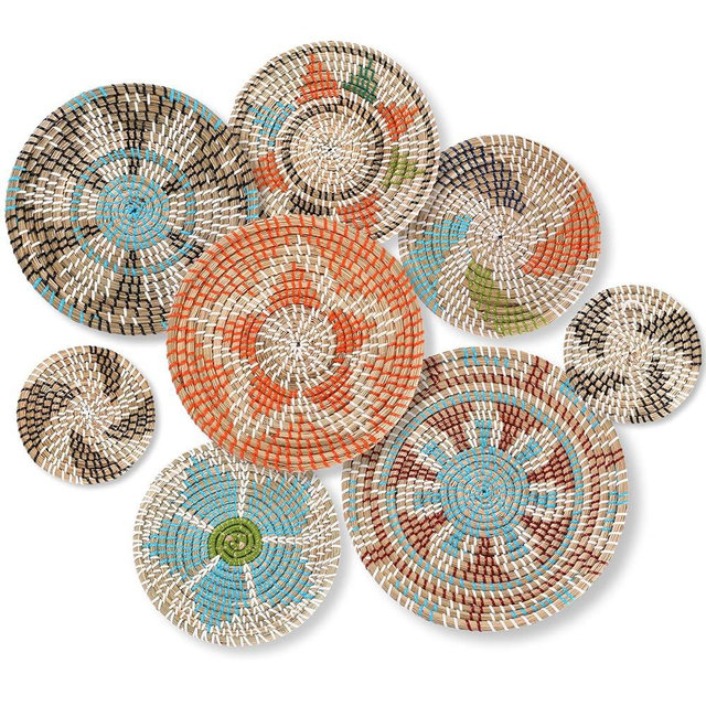 Ziliny Boho Wall Basket Decor Set of 8 Hanging Woven Wall Basket Decor Boho Art Round Decor Woven Bowl African Baskets for Living Room Bedroom Bathroom House, Multi Sizes(Colorful)