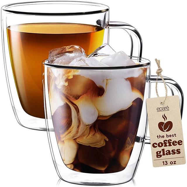 13 oz Double Wall Glass Coffee Mugs - Set of 2 Clear Coffee Mug - Insulated Glass Mug With Handle - Large Espresso Latte Cappuccino or Tea Cup by Eparé