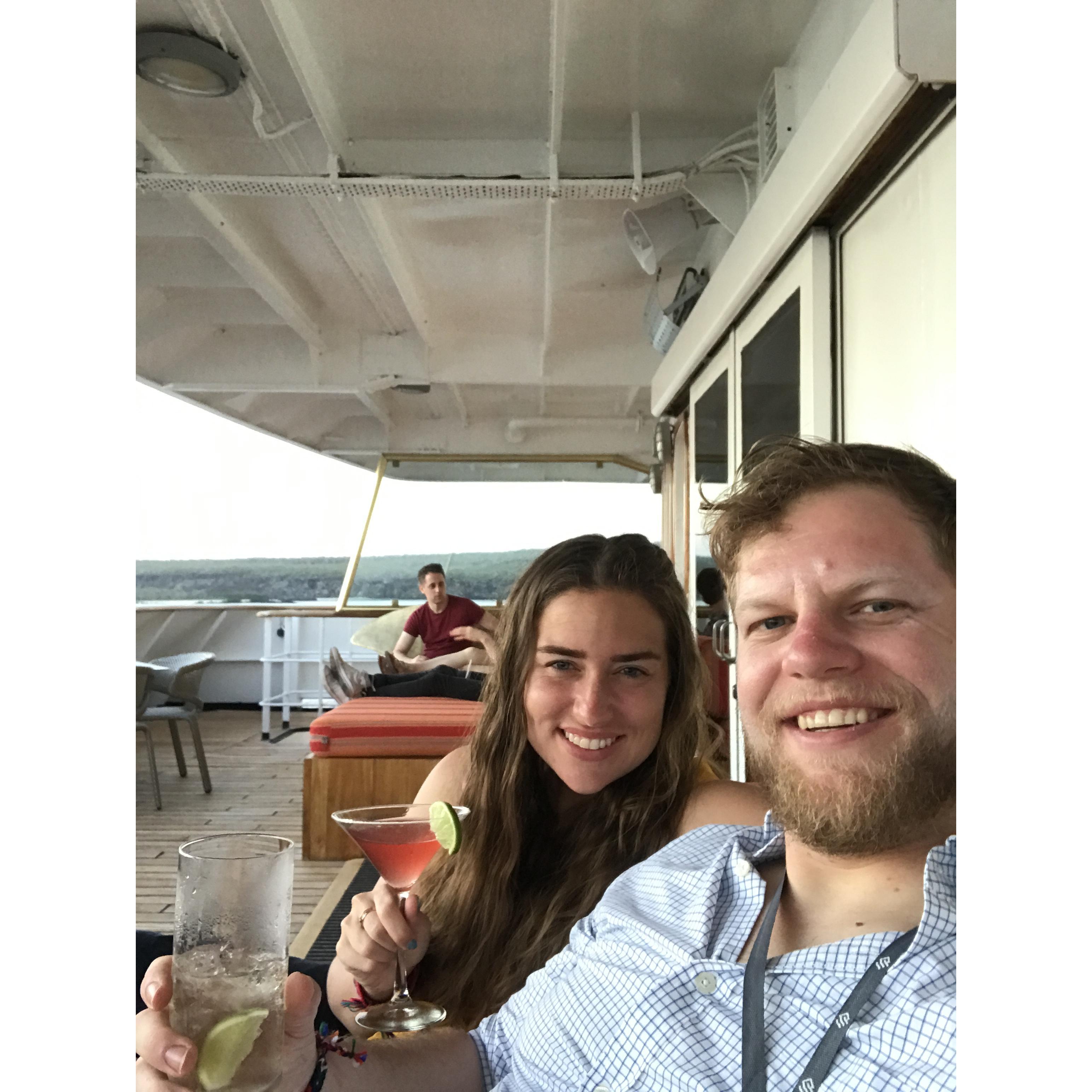 Enjoying cocktails on our Galápagos cruise