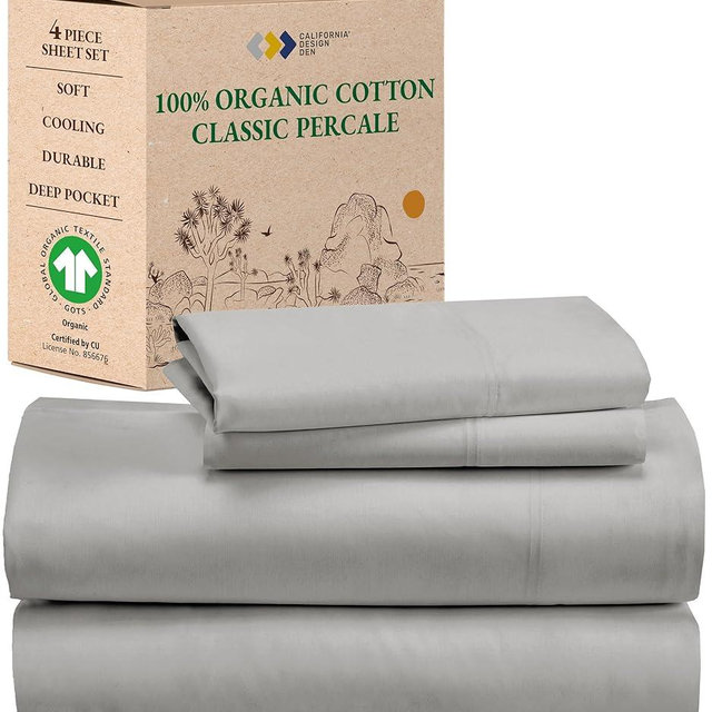 California Design Den Percale California King Sheets Set, Deep Pocket 100% Organic Cotton Sheets GOTS Certified, 4 Pc Soft, Breathable & Cooling Sheets Set, Light Grey Sheets