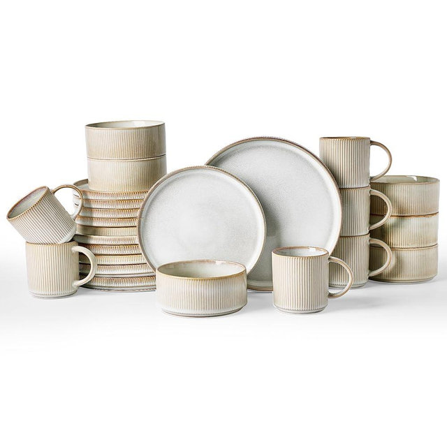 Famiware Star Dinnerware Set with Mugs, Service for 6 (24 Pieces), Ribbed Stoneware Plates and Bowls Dishes Sets - Chip & Scratch Resistant, Microwave & Dishwasher Safe, Cappuccino White