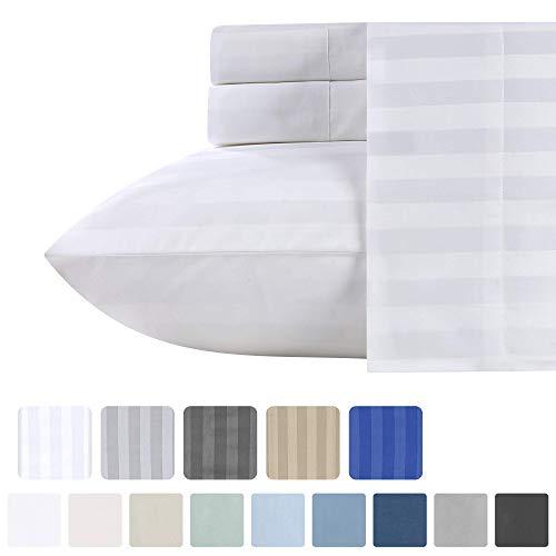 500-Thread-Count Queen Size Cotton Sheets - Premium Quality 4-Piece White Color Dobby Damask Stripe Extra Long-Staple pure 100% Cotton Sheet Set for Bed - Fits Mattress 16'' Deep Pocket, Sateen Weave