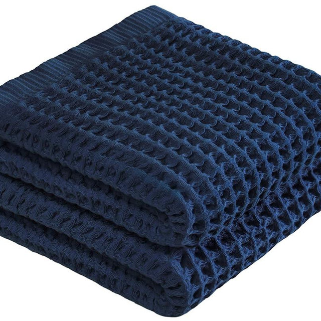 DEMMEX Organic Cotton Waffle Turkish Hand Towels for Bathroom & Kitchen, Large 20x30 in, 100% Oeko-TEX Certified Ultra Soft Turkish Cotton, Lightweight Quick Dry Waffle Weave, Set 2 (Navy Blue)