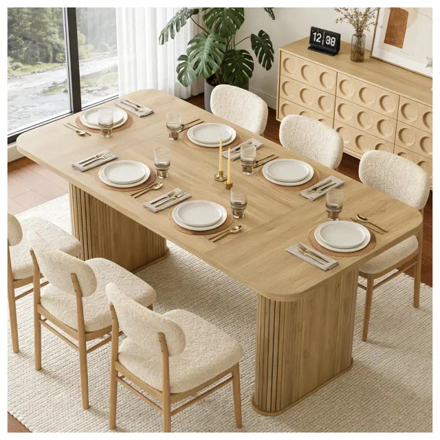 62" Long Dining Table for 6-8, Farmhouse Kitchen Table with Heavy Duty Fluted Base, Extra-Thickened Tabletop, for Dining Room, Office, Natural