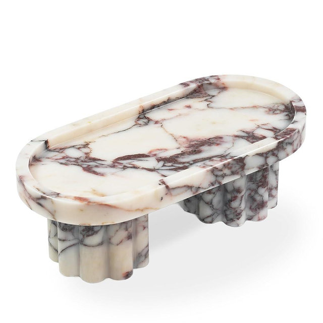 LWALMS Marble Perfume Tray with Legs - Oval Decorative Stone Pedestal for Bathroom Vanity Coffee Table Kitchen Countertop, Footed Jewelry Candle Organizers Catchall Plate Riser with Scalloped Feet