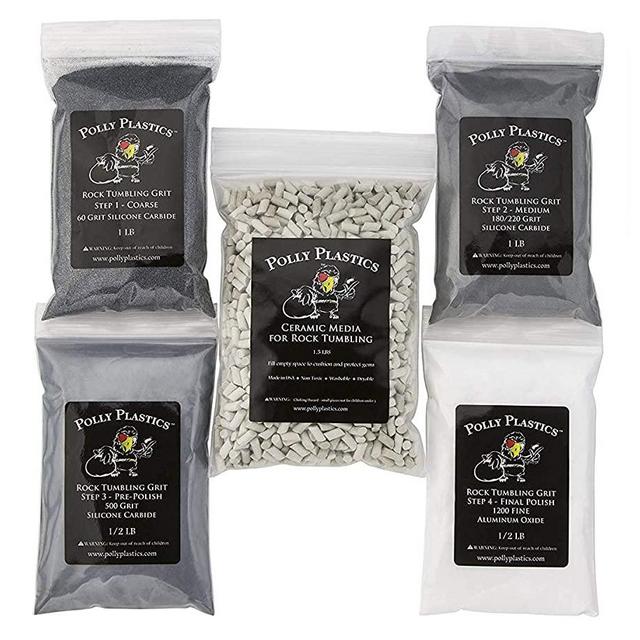 Rock Tumbler Grit Kit and Ceramic Tumbling Filler Media | Polly Plastics (4.5 Pounds Total Weight)