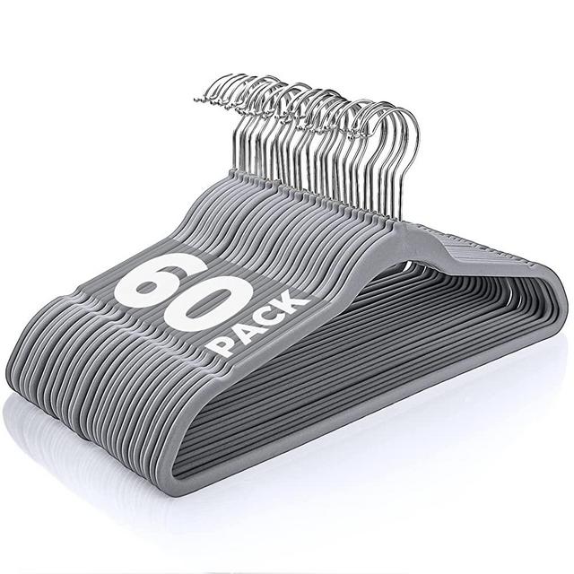 Jersow Velvet Hangers, 60 Pack Non Slip Felt Hangers Space Saving Clothes Hanger, Velvet Hanger Heavy Duty Adult Hanger for Coats and Suits (Grey)