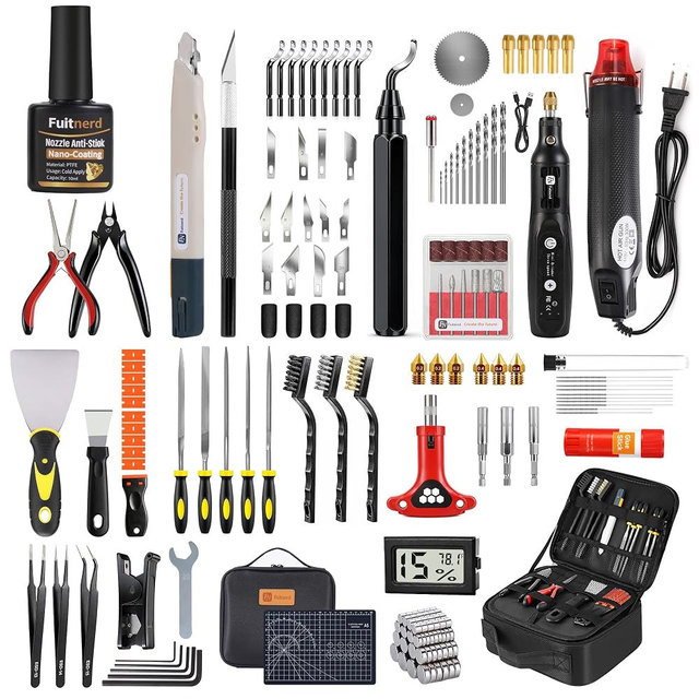142Pcs 3D Printer Tools Kit with 4-Layer Slotted Case, 3D Printer Accessories - Cordless Rotary Tool, Heat Gun, PTFE Nozzle Anti-Stick, Deburring Tool for Bambu Lab, Flashforge, Ender 3, Anycubic