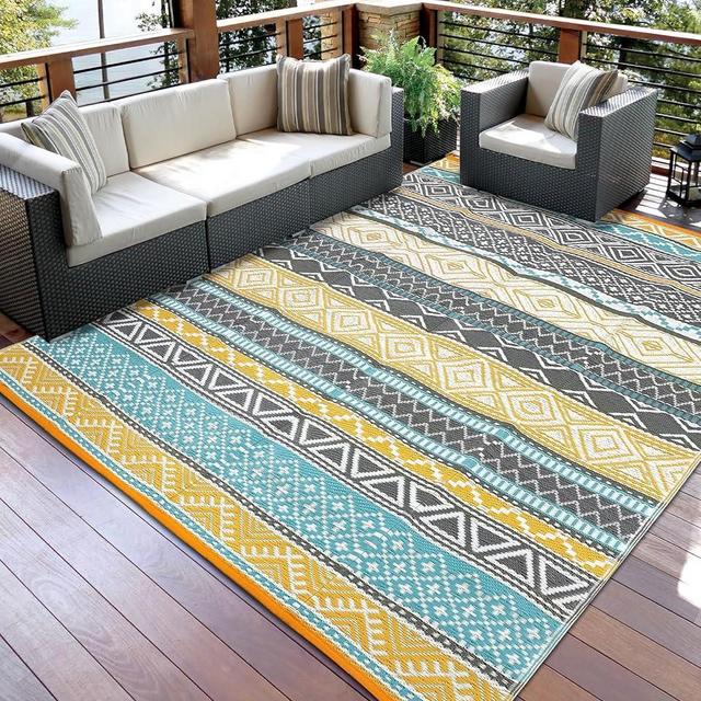 GarveeHome Outdoor Rug 9x18 Waterproof for Patio Clearance Large Plastic Straw Mat Reversible Plastic Outdoor Rug for RV, Patio, Backyard, Deck, Picnic, Beach, Trailer, Teal/Yellow(Boho)