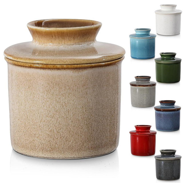 Beige French Butter Dish,Handmade Reactive Glaze Ceramic Butter Crock with Water Line for Speradable Fresh Butter