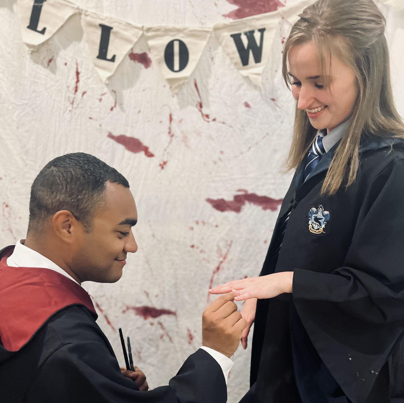 And with Halloween the day after we got engaged; we had to be nerdy and take some proposal pictures in our Harry Potter robes 😉