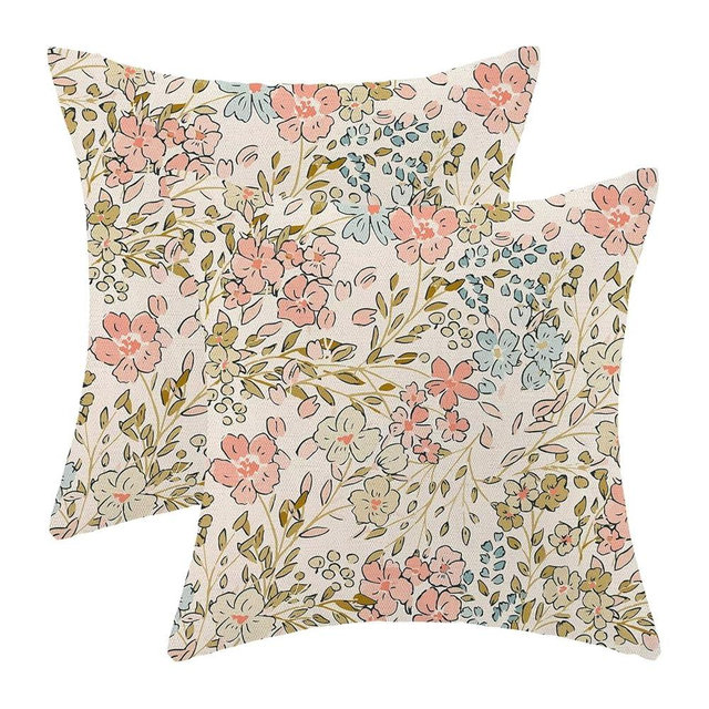 Jecuwo Spring Blue Pink Floral Throw Pillow Covers 18x18 Set of 2, Cute Watercolor Wildflowers Decorative Pillow Covers Brown Flower Decoration Outdoor Cushion Cover for Sofa Couch Farmhouse