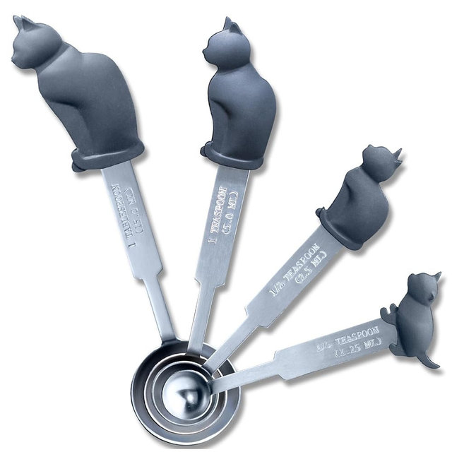Cat Measuring Spoons Set, 4-Piece Stainless Steel Measuring Spoons with Cute Cat Handles, Accurate Teaspoon & Tablespoon Sizes for Dry or Liquid Ingredients, Dishwasher Safe, Dark Grey
