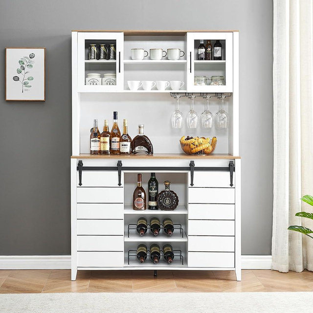 GarveeHome 70'' Tall Farmhouse Coffee Bar Cabinet, Kitchen Hutch Storage with Sliding Barn Door, Kitchen Buffet with Wine Rack, Glass Holder, Wine Bar Cabinet for Dining Room, Living Room, White