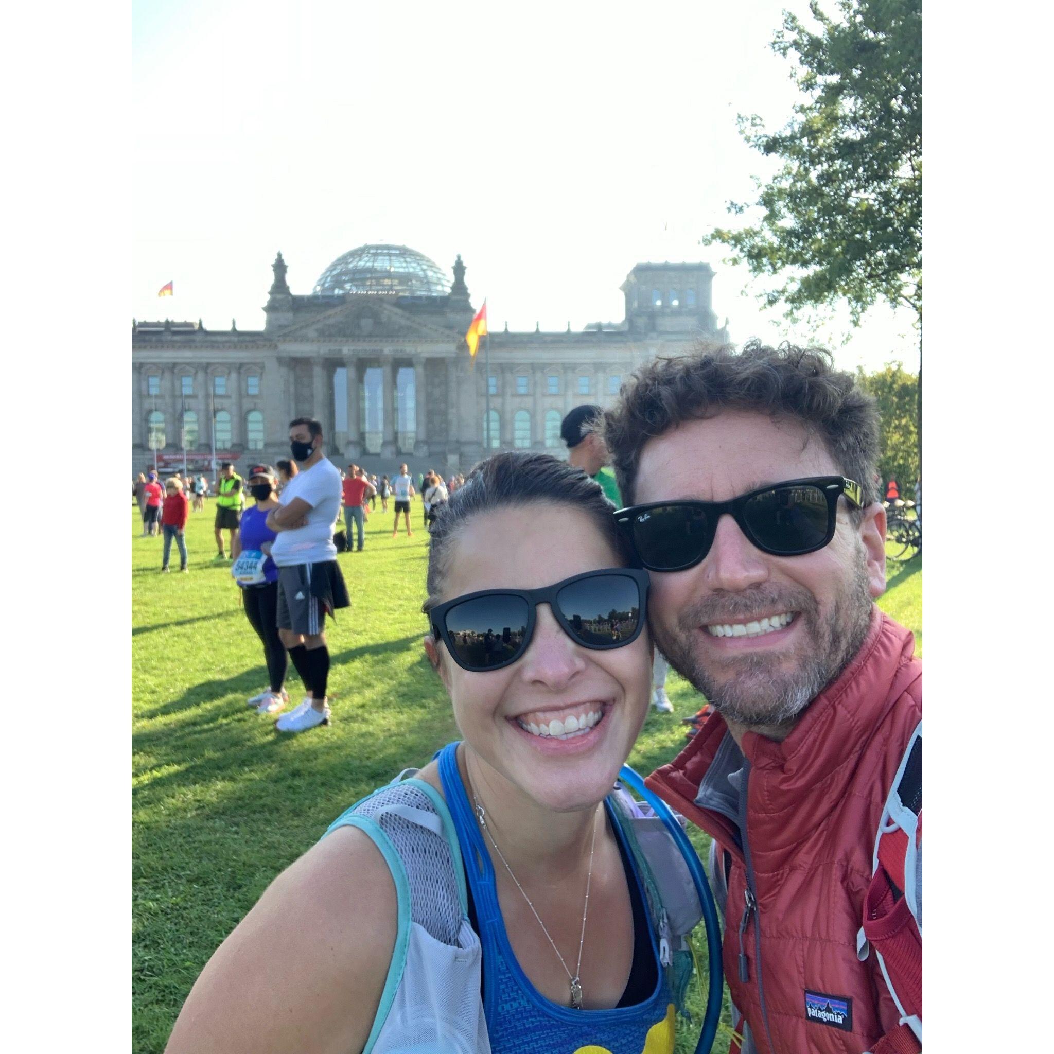 Waiting on the lawn of the Reichstag for the start of the Berlin Marathon.