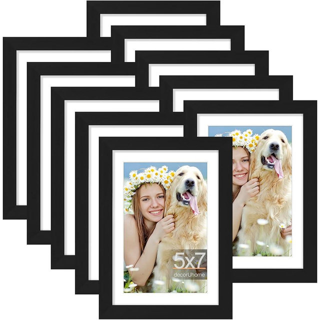 decorUhome 5x7 Picture Frame Set of 10, Display Photos 4x6 with Mat or 5x7 Unmatted for Picture Frames Collage Wall Decor, Black