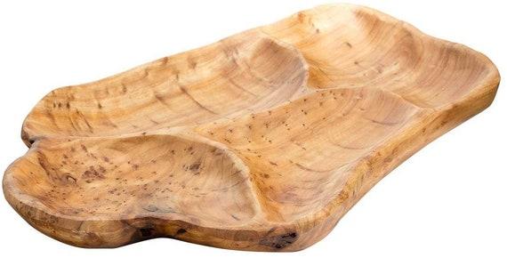 Natural Rood Wood Serving Platter Tray Board for Cheese, Appetizer, Charcuterie, Bread, Snacks, or Decor Display with 4 Compartments