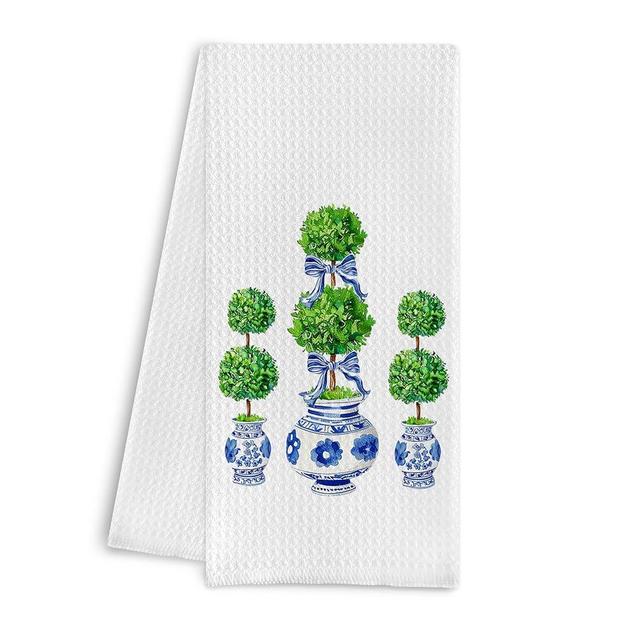 Qpenm Blue and White Porcelain Chinoiserie Kitchen Towels, Chinoiserie Decor, Chinoiserie Green Topiary Tree Dish Towels for Kitchen, Blue and White Hand Towels for Bathroom Kitchen, 16x24 Inches