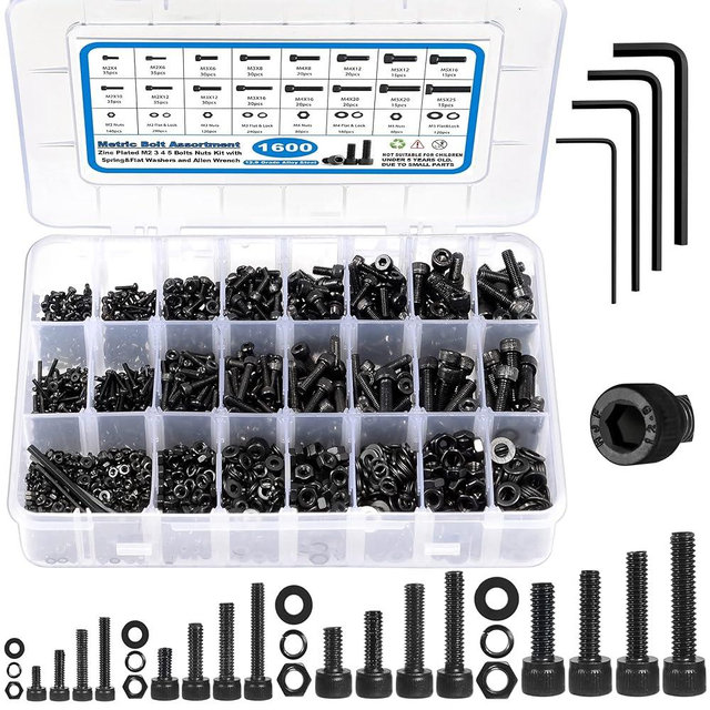 SATANTECH 1600PCS Metric Screw Assortment M2 M3 M4 M5, Grade 12.9 Alloy Steel Metric Bolts and Nuts Assortment Kit, Hex Socket Head Cap Metric Machine Screws Nuts and Bolts and Flat&Lock Washers Set