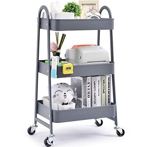 3-Tier Utility Rolling Cart with Large Storage and Metal Wheels for Office,Kitchen,Bedroom,Bathroom,Grey 130839