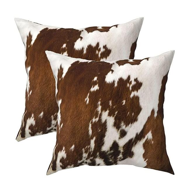 Western Cow Print Throw Pillows Cover Set Of 2 Brown Faux Fur Cowhide Decorative Pillow Covers 18x18 Inch Farmhouse Animal Print Pillowcase Square Cushion Cover for Outdoor Couch Sofa Bed Room Decor