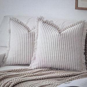 Throw Pillow Covers 16x16 Set of 2 Striped Fringe Pillow Cover Farmhouse Cushion Covers with Tassel Neutral Boho Pillows Decorative Square Pillowcase for Couch Sofa Bed, Khaki