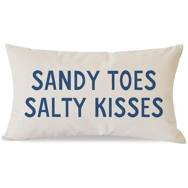 PANDICORN Summer Beach Throw Pillow Covers 12x20 Inch Blue Words Sandy Toes and Salty Kisses Coastal Outdoor Decorations Lumbar Decorative Throw Pillows Cases for Home Living Room Couch Sofa Decor