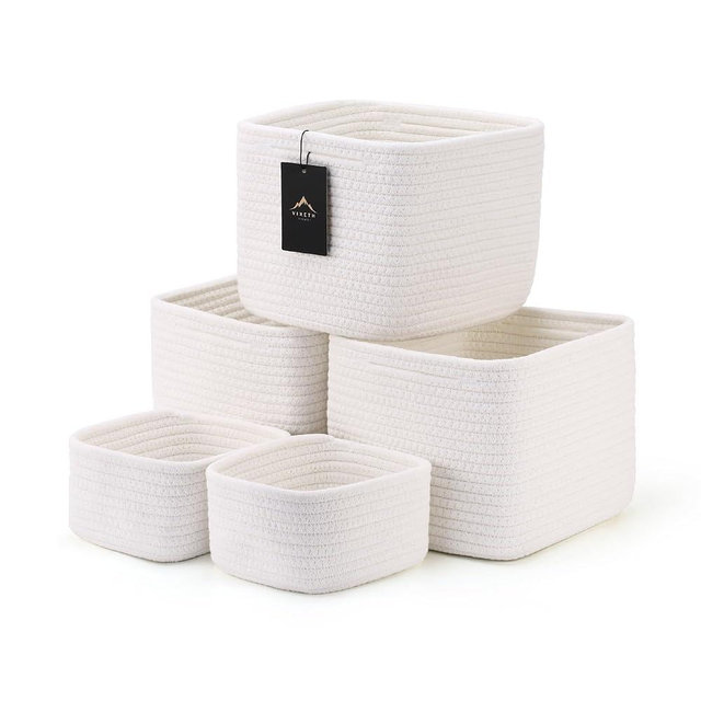 VIRETH HAUS 5-Pack Storage Cubes Woven Rope Baskets - 2 Sizes Organizer Bins for Closet, Shelf, Bookshelf, Nursery, Changing Table, Cube Storage Bins, Storage Baskets for Bathroom Toy & Home