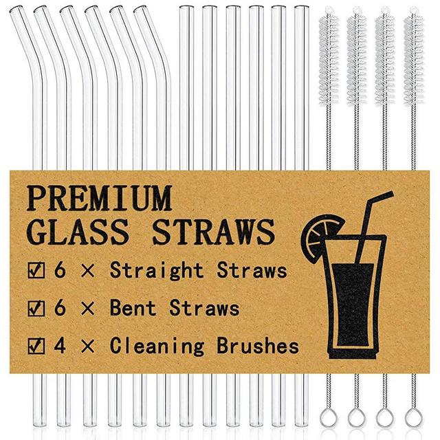 Piteno® 16-Pack Reusable Glass Straws, Clear Glass Drinking Straws, Perfect for Smoothies, Milkshakes, Juice, Tea, Set of 6 Straight and 6 Bent with 4 Cleaning Brushes (Size 8.5''x10MM)
