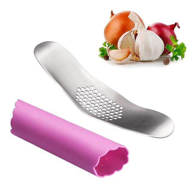 Fu Store 304 Stainless Steel Garlic Press Mincer BONUS Food Grade Silicone Peeler (PINK)