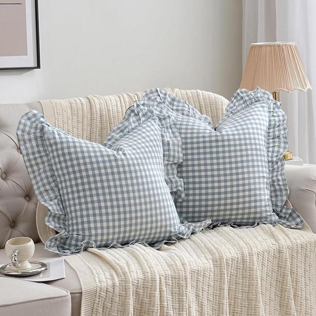 2 Pack Blue White Plaid Ruffle Throw Pillow Covers Farmhouse Checkered Chic Washed Cotton Pillowcases Gingham Pillow Shams for Bed, Sofa, Living Room-20"x20" Blue