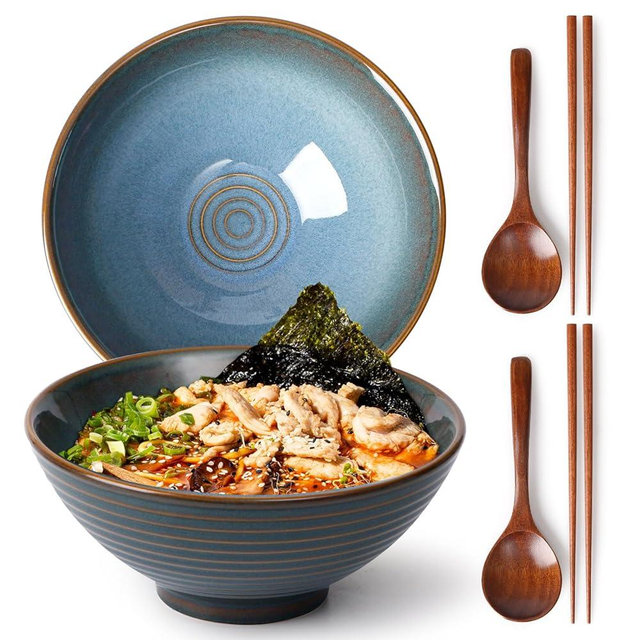 NUTRIUPS 8 Inch Ceramic Ramen Bowl Set of 2 Pho Bowls 40oz Japanese Noodle Udon Soup Bowls with Spoons and Chopsticks (Ocean Blue)