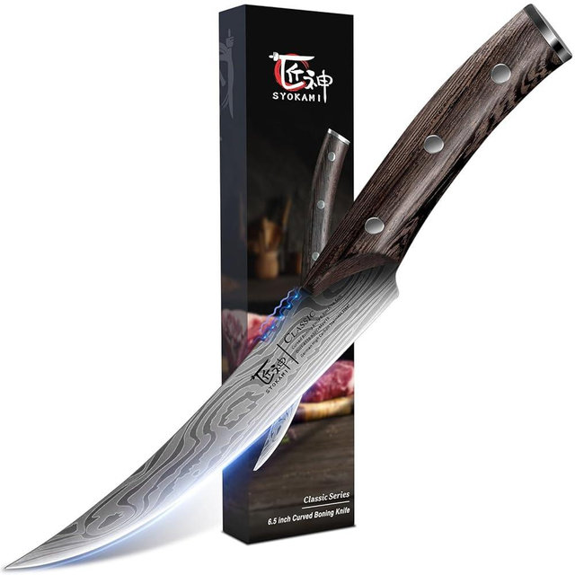 SYOKAMI 🎁 Boning Knife for Meat Cutting, 6.5 Inch Fish Fillet Knife with Wood Handle, High Carbon Razor Sharp Curved Blade Deboning Knife with Exquisite Box Ideal for Valentine's Day Gifts
