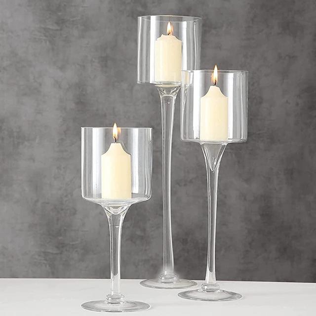 Glass Candleholders Tea Light Candle Holders Clear Wedding Weddings Hurricane Tall Elegant Ideal for Dining Party Home Decor Parties Table Settings Gifts Gifts Sets Different Sizes(1 Set Large Clear)