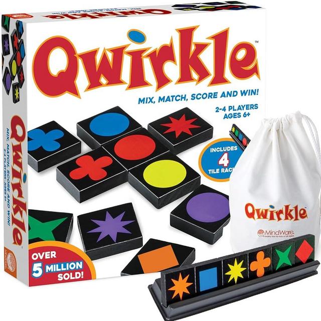 MindWare Qwirkle Board Game Deluxe Edition - Includes 108 Qwirkle Tile Pieces, 4 Trays, Storage Bag, and Rule Book