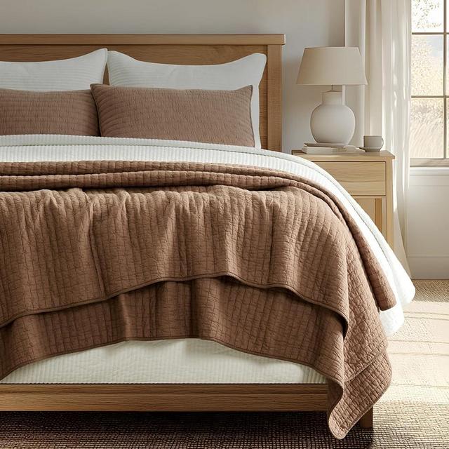 EVERGRACE x Kinsey Walsh Cross Stitch Pre-Washed Cotton Quilt Bedding Set King Size, Oversized 3 Pieces Lightweight Bedspread Coverlet for All Season, with 2 Matching Shams, Camel Brown,108"x96"