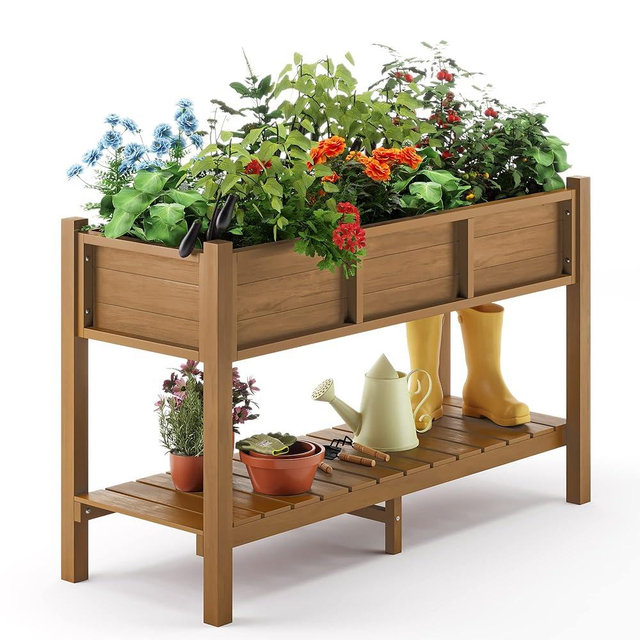 LUE BONA Raised Garden Bed with Tools, Poly Elevated Planter Box with Legs And Storage Shelf, 47*18*29 in, Weather Resistant, 3-Year Warranty, Standing Growing Bed Herb Planter for Vegetable, Outdoor