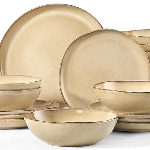 Herogo Dinnerware Sets for 8, 24pcs Stoneware Dinner Dish Set, Irregular Handmade Plates and Bowls Dishware, Crack and Scratch Resistant, Microwave & Dishwasher Safe, Cream Khaki