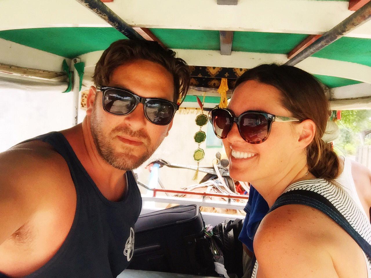 Taking a ride in the Tuk Tuk on our first overseas adventure together, in Bali!