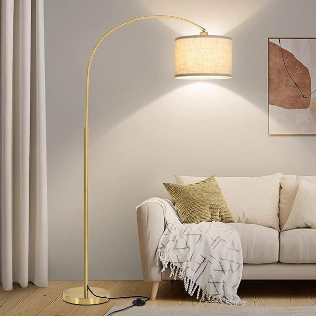 Gold Floor Lamp, Arc Floor Lamp for Living Room with Adjustable Drum Lampshade, Modern Tall Standing Lamp with On/Off Foot Switch, Over Couch Arched Reading Light for Reading, Bedroom, Office