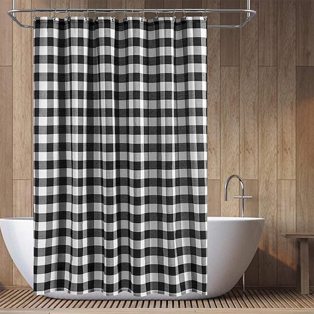 Barossa Design Extra Long Buffalo Check Shower Curtain: Cotton Blend Plaid Woven Texture & Machine Washable, Water-Repellent, Rustic Farmhouse Style for Bathroom - Black and White, 72x84 Inch