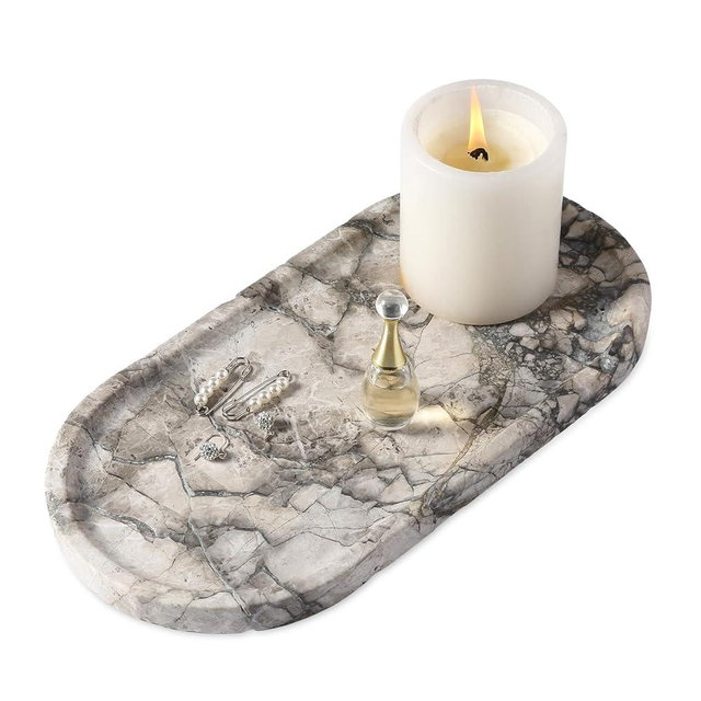 Koville Turkish Natural Travertine Tray, 12"x6" Vanity Decorative Tray for Countertop Organizer, Catchall Tray for Perfume, Candles, Jewelry Dish