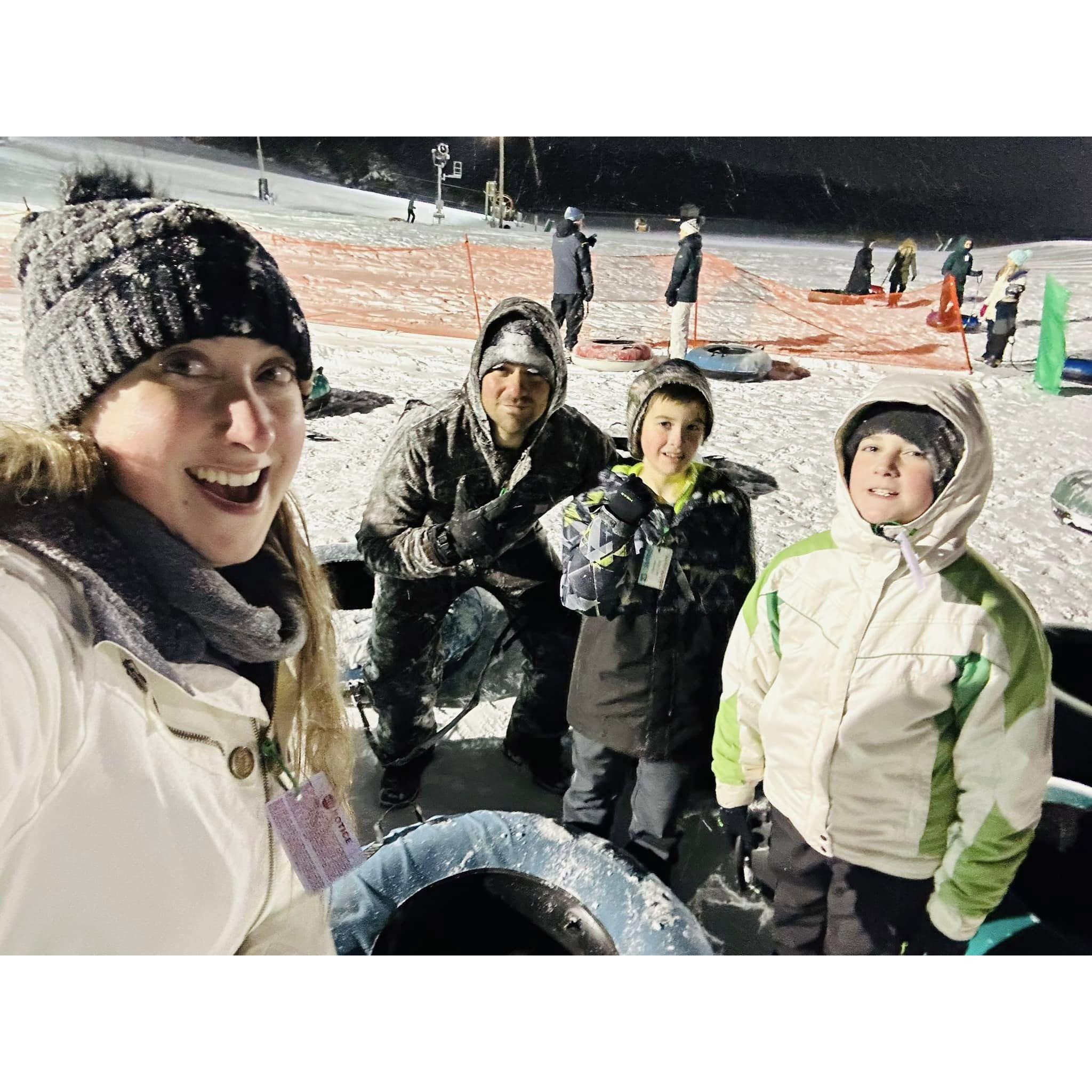In January of 2025, Aaron and Kathryn had the opportunity to take the boys to New York to visit Aaron's parents at their second home. They went snow tubing one night!