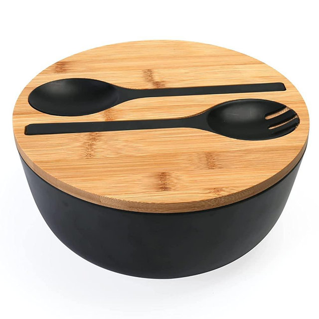 Salad Bowl with Servers，ShineMe Large Salad Bowl with Lid, Bamboo Fiber Salad Serving Bowl with Utensils, 9.8inches Multifunction Solid Mixing Bowl for Fruits, Vegetables and Pasta (Black)