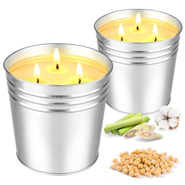 Citronella Candles Outdoor – 2 x 17 oz Large 3-Wick Soy Wax Candles, Up to 180 Hours Burn Time, Lemongrass Scent for Outdoor Patio, Garden, Yard, Balcony, Camping