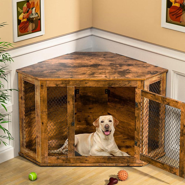 VENDORZ Corner Dog Crate Furniture, 52" Wooden Dog Kennel Furniture End Table with Mesh, Dog Kennel Indoor Furniture for Small Medium Large Dogs, Modern Decorative Wood Pet House Dog Cage Crate, Brown