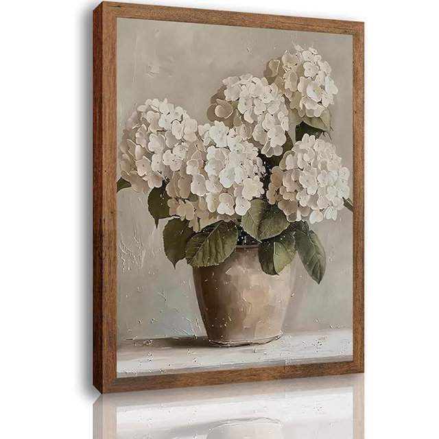 White Hydrangea Wall Art Vintage Farmhouse Flowers Wall Decor Floral Canvas Oil Painting Style Nature Botanical Aesthetic Picture Gifts for Bathroom Living Room Office Home Decor 8x10inch Wood Framed