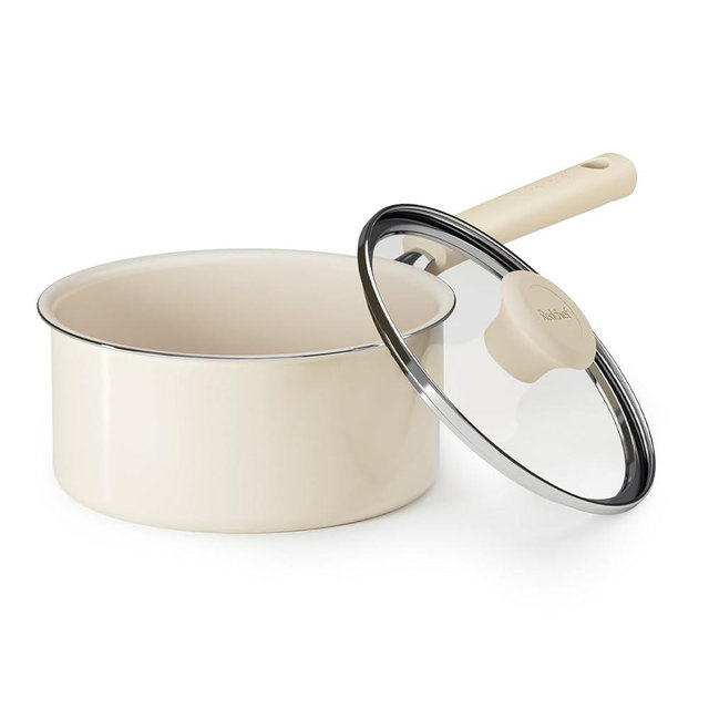 Redchef Ceramic Nonstick Saucepan with Lid, 2.5QT Small Cooking Pot, Non Toxic Sauce Pans for Kitchen, Cool Handle PFAS Free Compatible with All Cooktops, White